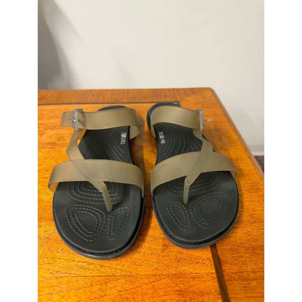 Crocs Tulum Translucent Toe Post Sandals Black Smoky Olive Womens 10 Flat Strap